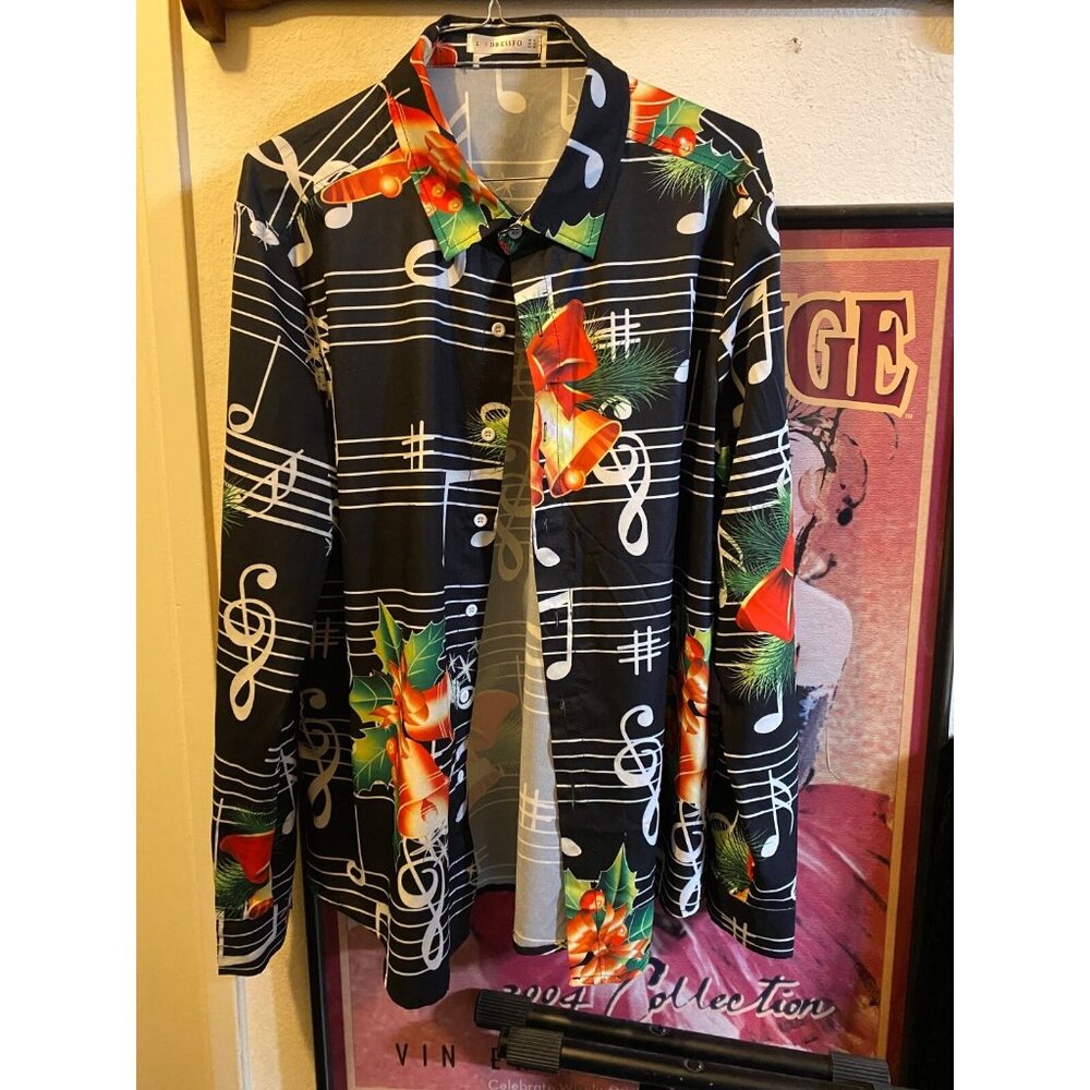Men's Dressfo L Shirt Long Sleeve Button Up Black Music Notes Unique Jazz